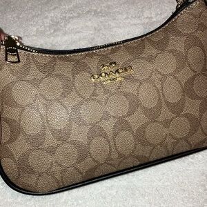 Coach Mini Shoulder Bag in Brown Signature Canvas with Gold Hardware